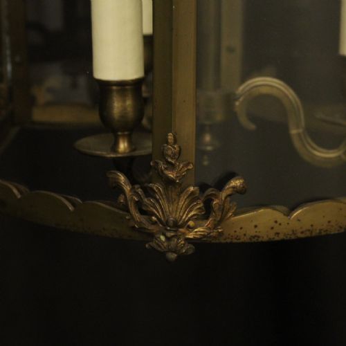 FRENCH BRASS TRIPLE LIGHT ANTIQUE HALL LANTERN - ADDITIONAL PHOTO 8