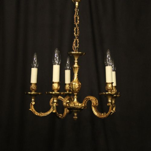 french gilded bronze 5 light antique chandelier - CATEGORY: ANTIQUE LIGHTING - DATED 1930