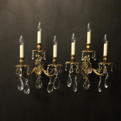 french pair of gilded bronze crystal triple arm wall lights - CATEGORY: ANTIQUE LIGHTING - DATED 1910