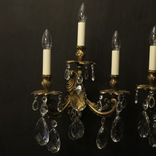 FRENCH PAIR OF GILDED BRONZE CRYSTAL TRIPLE ARM WALL LIGHTS - ADDITIONAL PHOTO 1