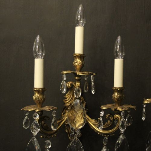 FRENCH PAIR OF GILDED BRONZE CRYSTAL TRIPLE ARM WALL LIGHTS - ADDITIONAL PHOTO 2