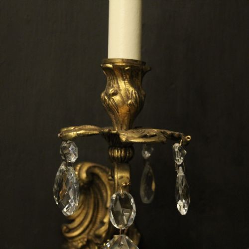 FRENCH PAIR OF GILDED BRONZE CRYSTAL TRIPLE ARM WALL LIGHTS - ADDITIONAL PHOTO 4