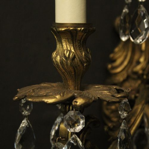 FRENCH PAIR OF GILDED BRONZE CRYSTAL TRIPLE ARM WALL LIGHTS - ADDITIONAL PHOTO 5