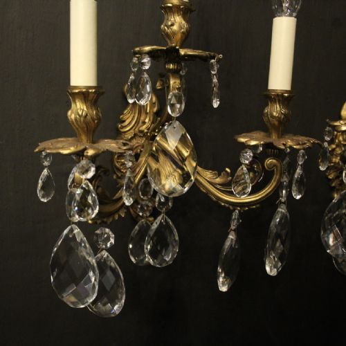 FRENCH PAIR OF GILDED BRONZE CRYSTAL TRIPLE ARM WALL LIGHTS - ADDITIONAL PHOTO 6