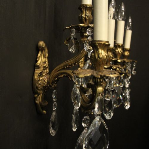 FRENCH PAIR OF GILDED BRONZE CRYSTAL TRIPLE ARM WALL LIGHTS - ADDITIONAL PHOTO 7