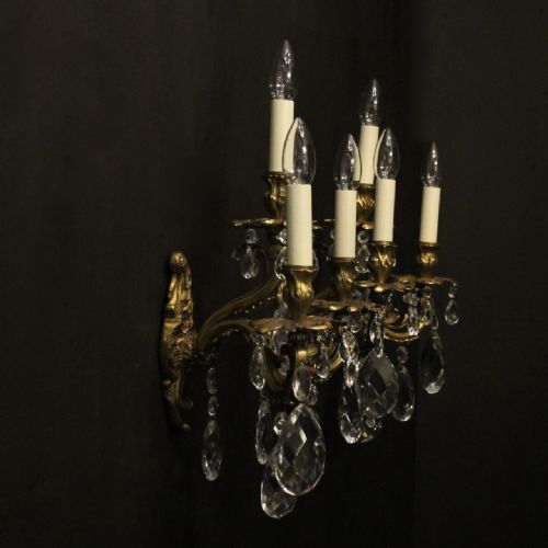 FRENCH PAIR OF GILDED BRONZE CRYSTAL TRIPLE ARM WALL LIGHTS - ADDITIONAL PHOTO 8