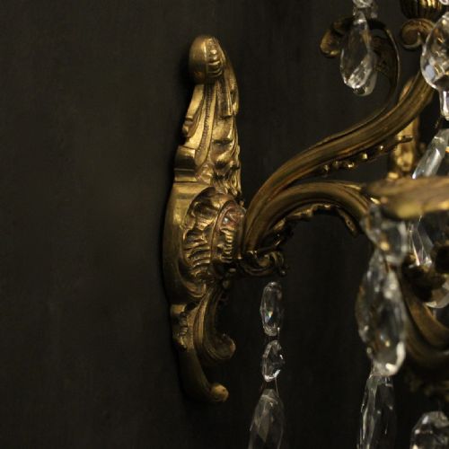 FRENCH PAIR OF GILDED BRONZE CRYSTAL TRIPLE ARM WALL LIGHTS - ADDITIONAL PHOTO 9