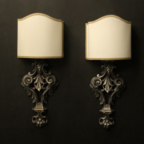 italian pair of silver giltwood antique wall lights - CATEGORY: ANTIQUE LIGHTING - DATED 1930