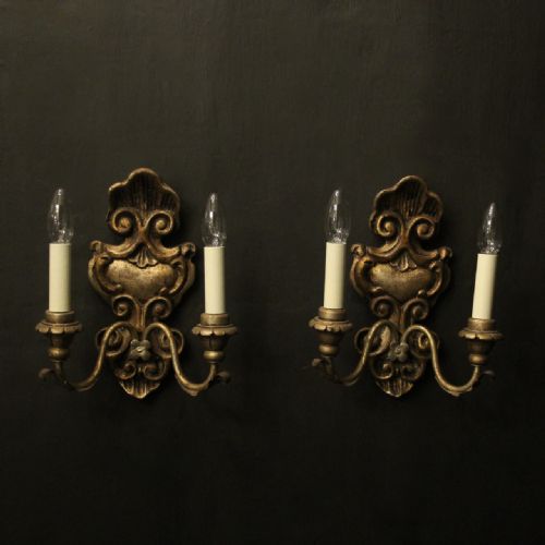 italian pair of silver giltwood antique wall lights - CATEGORY: ANTIQUE LIGHTING - DATED 1920