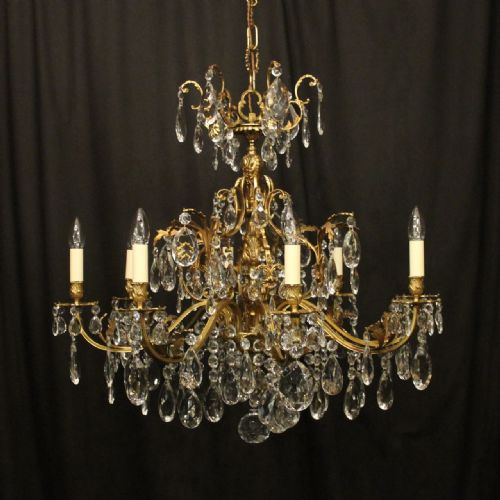 french gilded bronze crystal 8 light antique chandelier - CATEGORY: ANTIQUE LIGHTING - DATED 1920