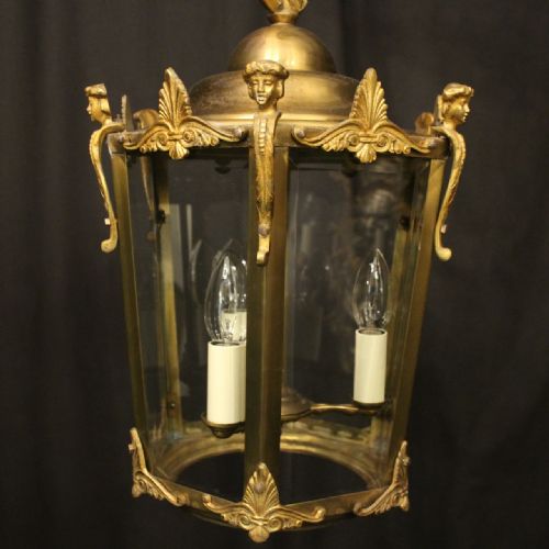 FRENCH BRONZE TRIPLE LIGHT ANTIQUE HALL LANTERN - ADDITIONAL PHOTO 1