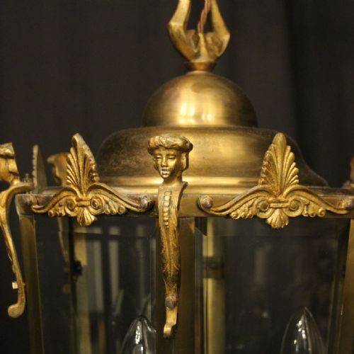 FRENCH BRONZE TRIPLE LIGHT ANTIQUE HALL LANTERN - ADDITIONAL PHOTO 3