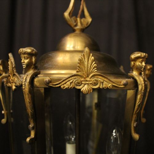 FRENCH BRONZE TRIPLE LIGHT ANTIQUE HALL LANTERN - ADDITIONAL PHOTO 5