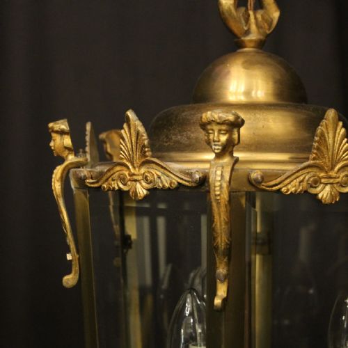 FRENCH BRONZE TRIPLE LIGHT ANTIQUE HALL LANTERN - ADDITIONAL PHOTO 8