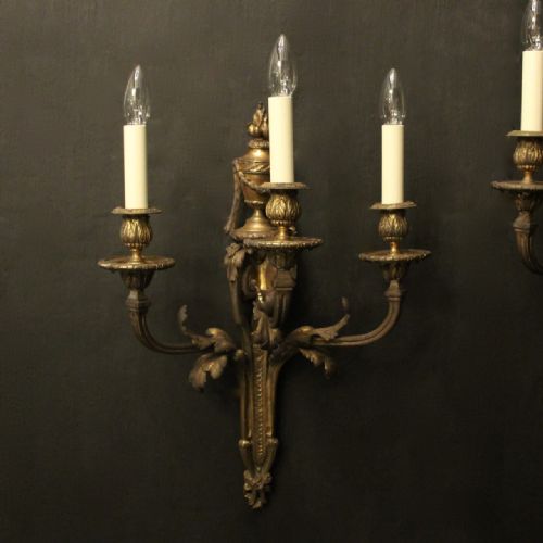 FRENCH 19TH C GILDED BRONZE TRIPLE ARM ANTIQUE WALL SCONCES - ADDITIONAL PHOTO 1