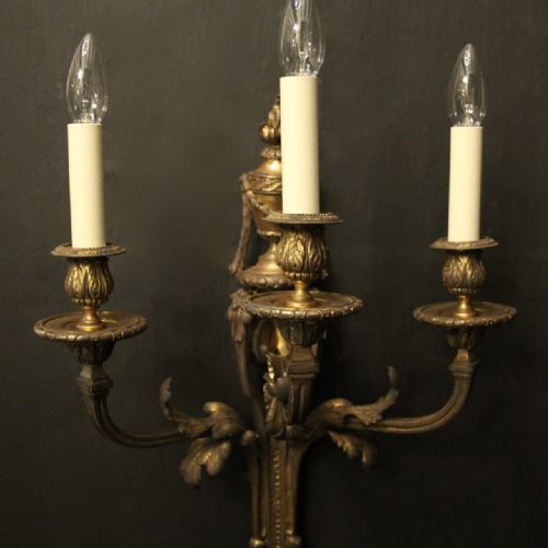 FRENCH 19TH C GILDED BRONZE TRIPLE ARM ANTIQUE WALL SCONCES - ADDITIONAL PHOTO 2