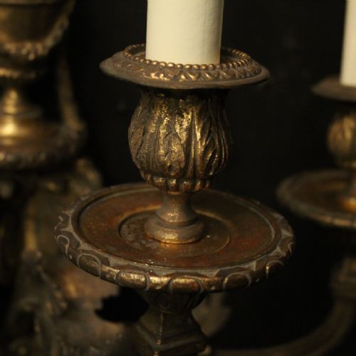 FRENCH 19TH C GILDED BRONZE TRIPLE ARM ANTIQUE WALL SCONCES - ADDITIONAL PHOTO 3