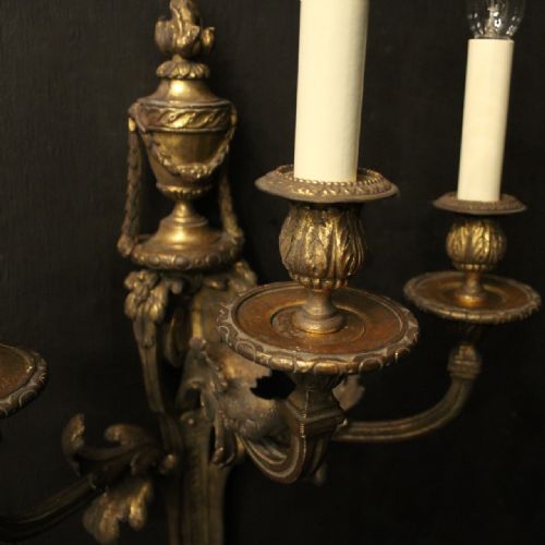FRENCH 19TH C GILDED BRONZE TRIPLE ARM ANTIQUE WALL SCONCES - ADDITIONAL PHOTO 4