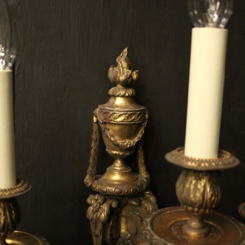 FRENCH 19TH C GILDED BRONZE TRIPLE ARM ANTIQUE WALL SCONCES - ADDITIONAL PHOTO 6