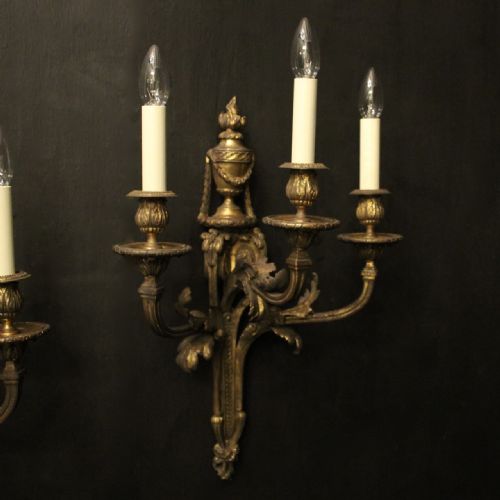 FRENCH 19TH C GILDED BRONZE TRIPLE ARM ANTIQUE WALL SCONCES - ADDITIONAL PHOTO 7