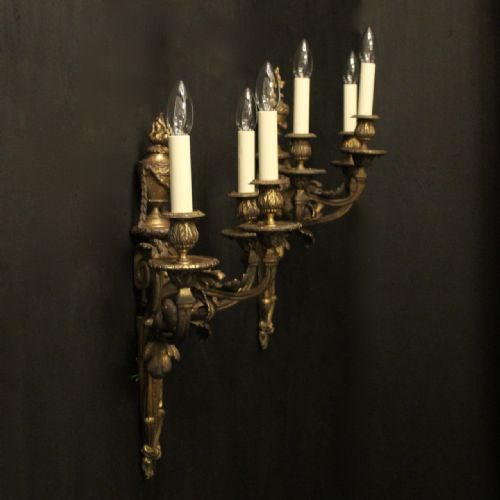 FRENCH 19TH C GILDED BRONZE TRIPLE ARM ANTIQUE WALL SCONCES - ADDITIONAL PHOTO 9