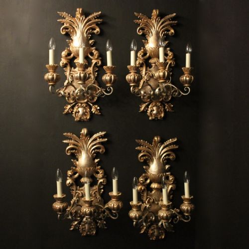 florentine set of 4 triple arm giltwood wall lights - CATEGORY: ANTIQUE LIGHTING - DATED 1930