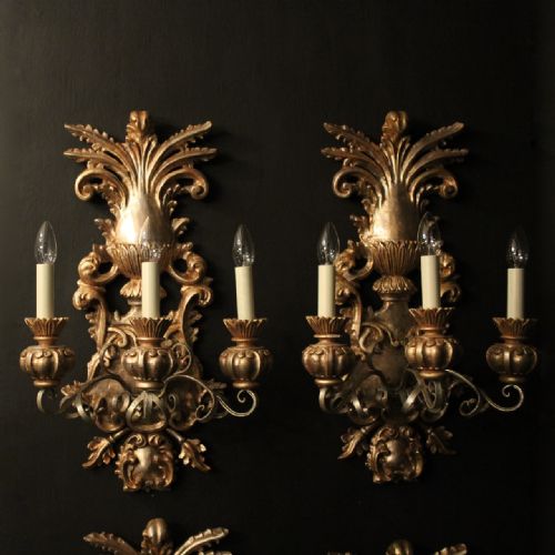 FLORENTINE SET OF 4 TRIPLE ARM GILTWOOD WALL LIGHTS - ADDITIONAL PHOTO 1