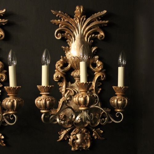 FLORENTINE SET OF 4 TRIPLE ARM GILTWOOD WALL LIGHTS - ADDITIONAL PHOTO 2