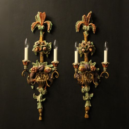 italian pair of polychrome twin arm antique wall lights - CATEGORY: ANTIQUE LIGHTING - DATED 1920