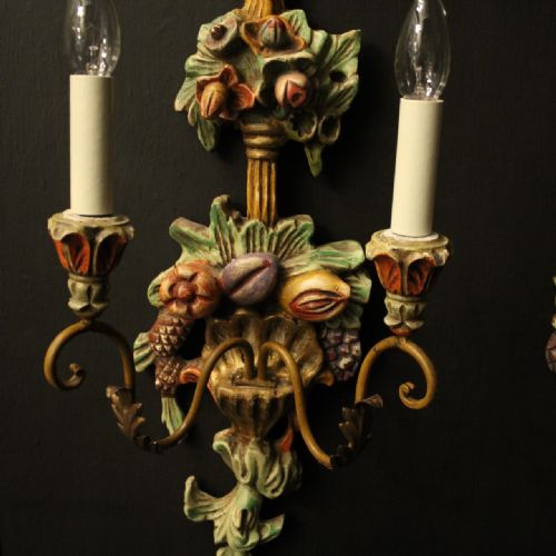ITALIAN PAIR OF POLYCHROME TWIN ARM ANTIQUE WALL LIGHTS - ADDITIONAL PHOTO 1
