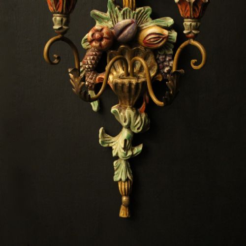 ITALIAN PAIR OF POLYCHROME TWIN ARM ANTIQUE WALL LIGHTS - ADDITIONAL PHOTO 2