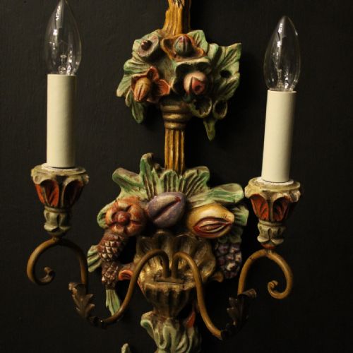 ITALIAN PAIR OF POLYCHROME TWIN ARM ANTIQUE WALL LIGHTS - ADDITIONAL PHOTO 3