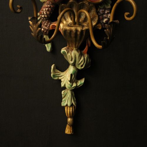 ITALIAN PAIR OF POLYCHROME TWIN ARM ANTIQUE WALL LIGHTS - ADDITIONAL PHOTO 5