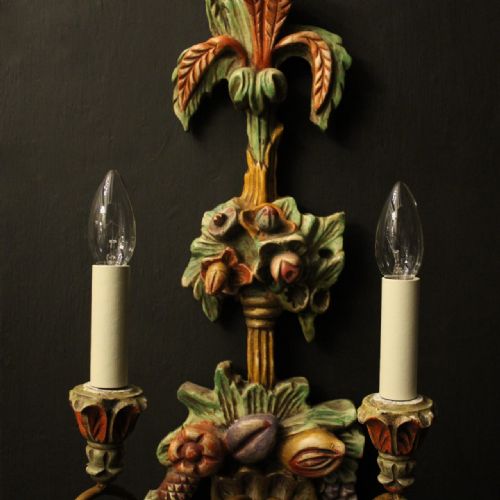 ITALIAN PAIR OF POLYCHROME TWIN ARM ANTIQUE WALL LIGHTS - ADDITIONAL PHOTO 7