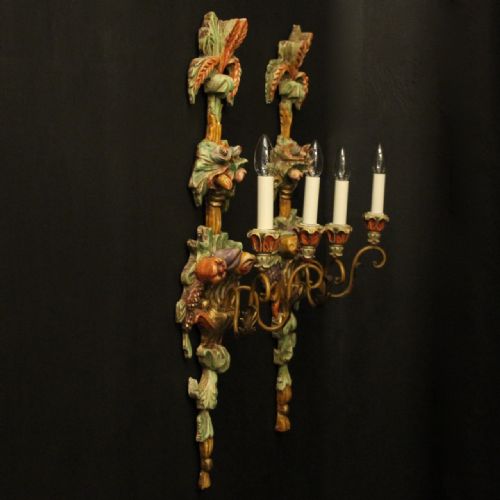 ITALIAN PAIR OF POLYCHROME TWIN ARM ANTIQUE WALL LIGHTS - ADDITIONAL PHOTO 8