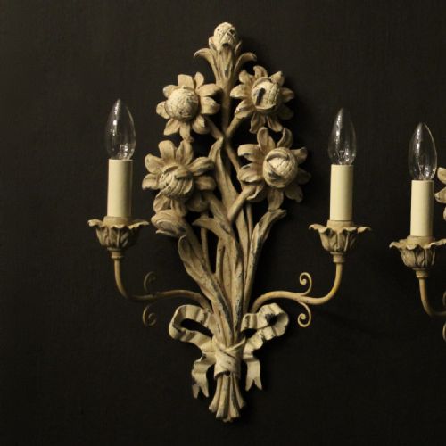 FRENCH PAIR OF TWIN ARM POLYCHROME WALL LIGHTS - ADDITIONAL PHOTO 1