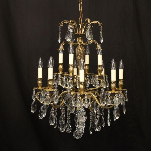 italian 12 light gilded bronze crystal antique chandelier - CATEGORY: ANTIQUE LIGHTING - DATED 1920