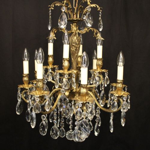 ITALIAN 12 LIGHT GILDED BRONZE CRYSTAL ANTIQUE CHANDELIER - ADDITIONAL PHOTO 1