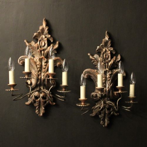 italian pair of silver giltwood antique wall lights - CATEGORY: ANTIQUE LIGHTING - DATED 1920