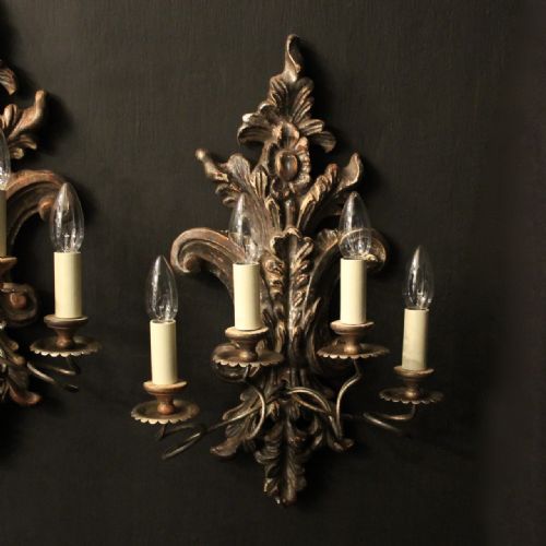 ITALIAN PAIR OF SILVER GILTWOOD ANTIQUE WALL LIGHTS - ADDITIONAL PHOTO 4