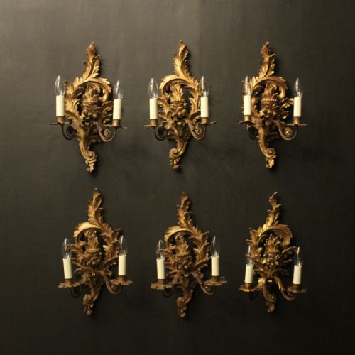 french set of 6 giltwood twin arm antique wall lights - CATEGORY: ANTIQUE LIGHTING - DATED 1920
