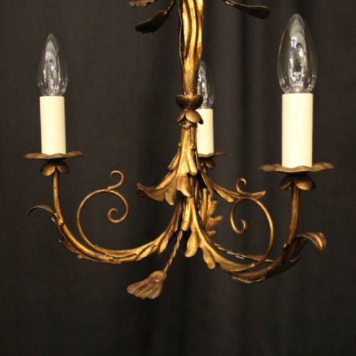 FRENCH GILDED TOLEWARE TRIPLE LIGHT CHANDELIER - ADDITIONAL PHOTO 1