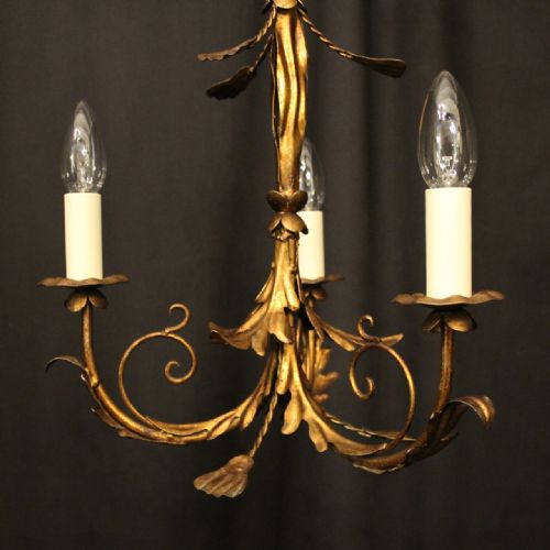 FRENCH GILDED TOLEWARE TRIPLE LIGHT CHANDELIER - ADDITIONAL PHOTO 5
