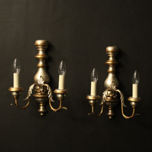 italian pair of silver gilded twin arm wall lights - CATEGORY: ANTIQUE LIGHTING - DATED 1930