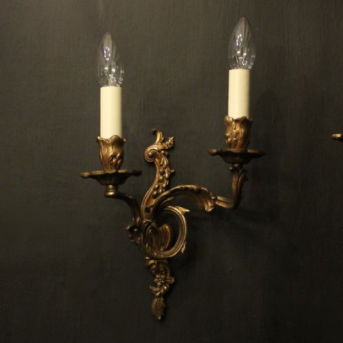 FRENCH PAIR OF GILDED TWIN ARM ANTIQUE WALL LIGHTS - ADDITIONAL PHOTO 1