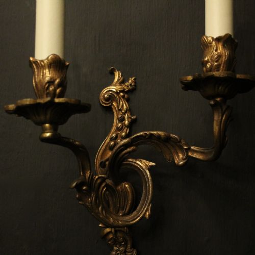 FRENCH PAIR OF GILDED TWIN ARM ANTIQUE WALL LIGHTS - ADDITIONAL PHOTO 2