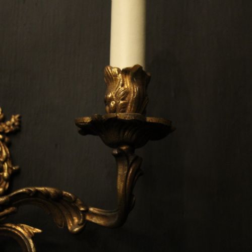 FRENCH PAIR OF GILDED TWIN ARM ANTIQUE WALL LIGHTS - ADDITIONAL PHOTO 3