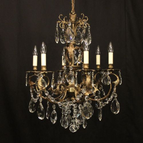 italian 6 light gilded brass crystal antique chandelier - CATEGORY: ANTIQUE LIGHTING - DATED 1920