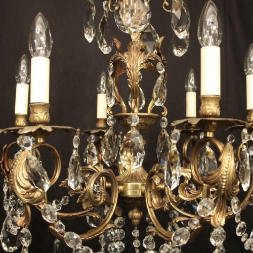 ITALIAN 6 LIGHT GILDED BRASS CRYSTAL ANTIQUE CHANDELIER - ADDITIONAL PHOTO 2