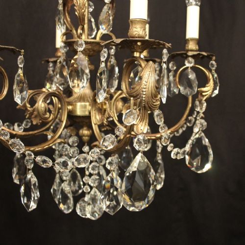 ITALIAN 6 LIGHT GILDED BRASS CRYSTAL ANTIQUE CHANDELIER - ADDITIONAL PHOTO 3